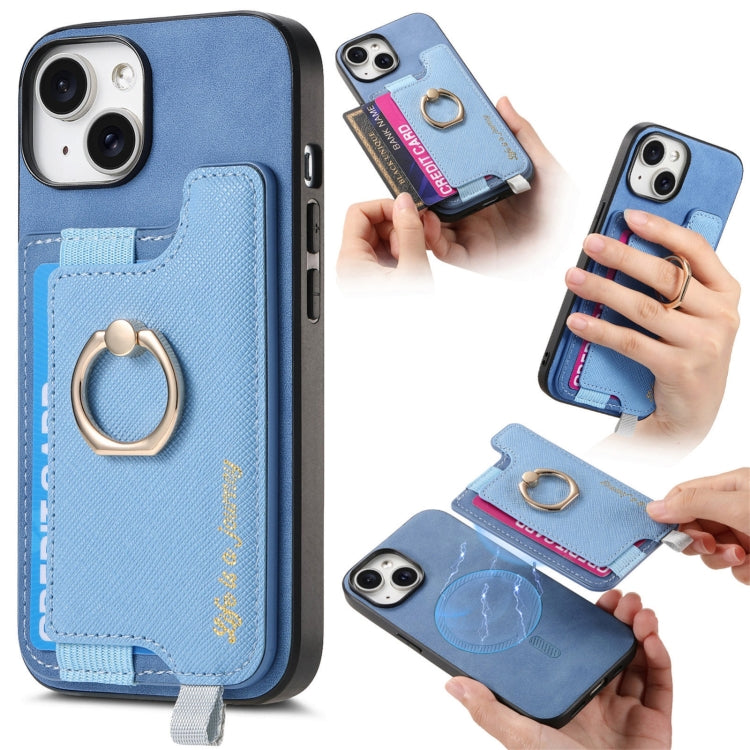 For iPhone 15 Plus Retro Magsafe Cross Leather Ring Holder Card Bag Phone Case(Blue) - iPhone 15 Plus Cases by buy2fix | Online Shopping UK | buy2fix