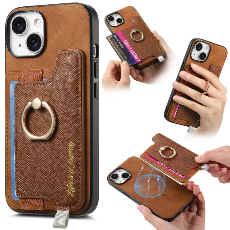 For iPhone 15 Plus Retro Magsafe Cross Leather Ring Holder Card Bag Phone Case(Brown) - iPhone 15 Plus Cases by buy2fix | Online Shopping UK | buy2fix
