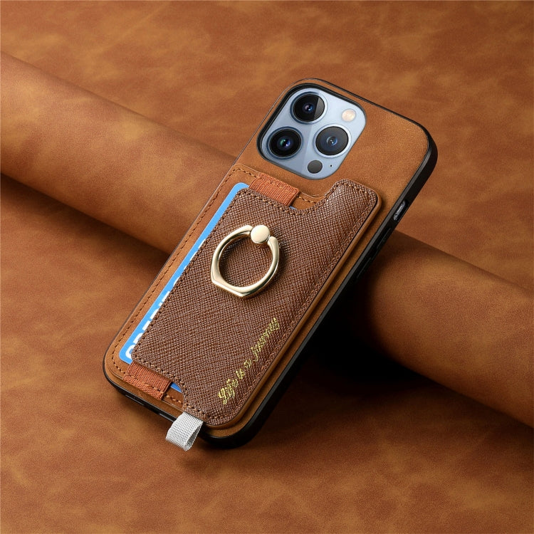 For iPhone 15 Plus Retro Magsafe Cross Leather Ring Holder Card Bag Phone Case(Brown) - iPhone 15 Plus Cases by buy2fix | Online Shopping UK | buy2fix