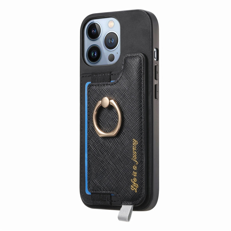 For iPhone 15 Plus Retro Magsafe Cross Leather Ring Holder Card Bag Phone Case(Black) - iPhone 15 Plus Cases by buy2fix | Online Shopping UK | buy2fix