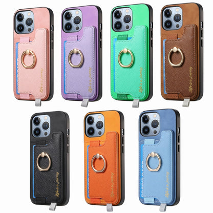 For iPhone 13 Retro Magsafe Cross Leather Ring Holder Card Bag Phone Case(Purple) - iPhone 13 Pro Cases by buy2fix | Online Shopping UK | buy2fix