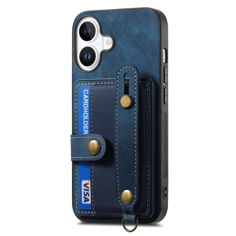 For iPhone 16 Plus Retro Cross Wristband Wallet Leather Back Phone Case(Blue) - iPhone 16 Plus Cases by buy2fix | Online Shopping UK | buy2fix