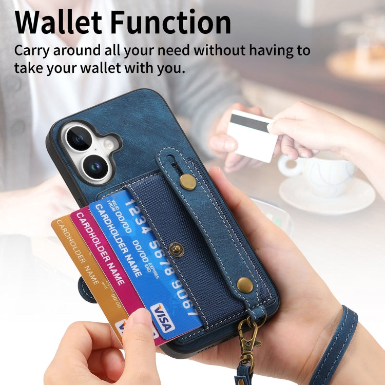 For iPhone 16 Plus Retro Cross Wristband Wallet Leather Back Phone Case(Blue) - iPhone 16 Plus Cases by buy2fix | Online Shopping UK | buy2fix