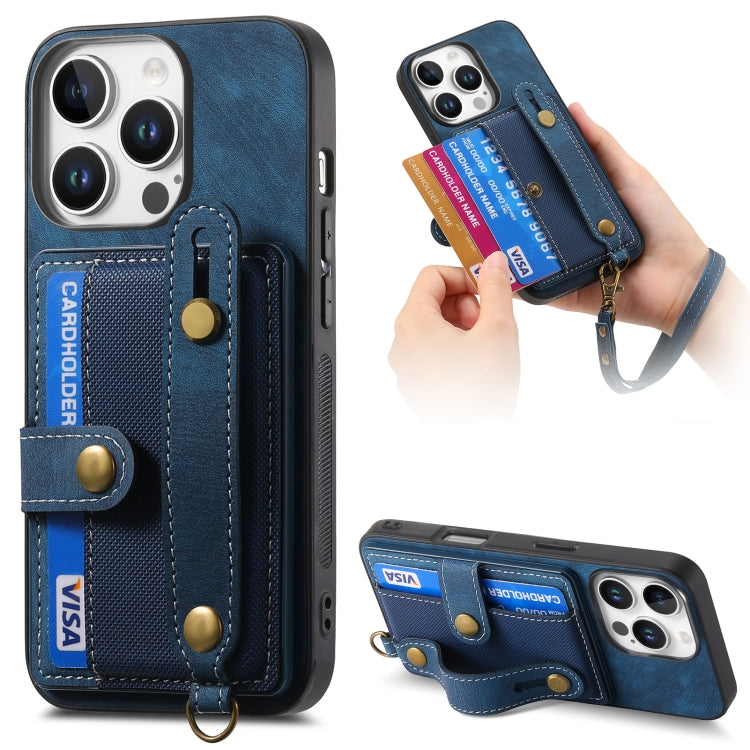 For iPhone 16 Pro Retro Cross Wristband Wallet Leather Back Phone Case(Blue) - iPhone 16 Pro Cases by buy2fix | Online Shopping UK | buy2fix