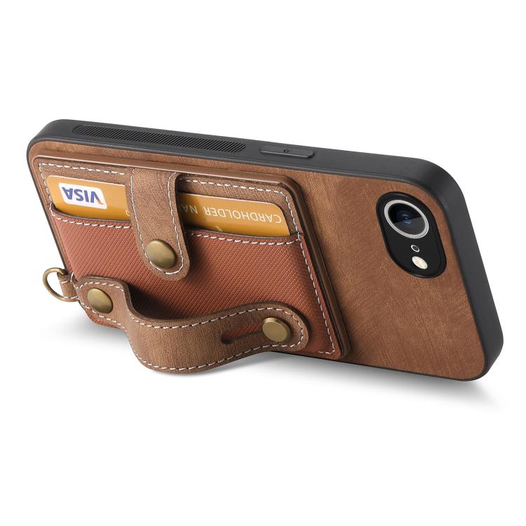 For iPhone 16e Retro Cross Wristband Wallet Leather Back Phone Case(Brown) - iPhone 16e Cases by buy2fix | Online Shopping UK | buy2fix
