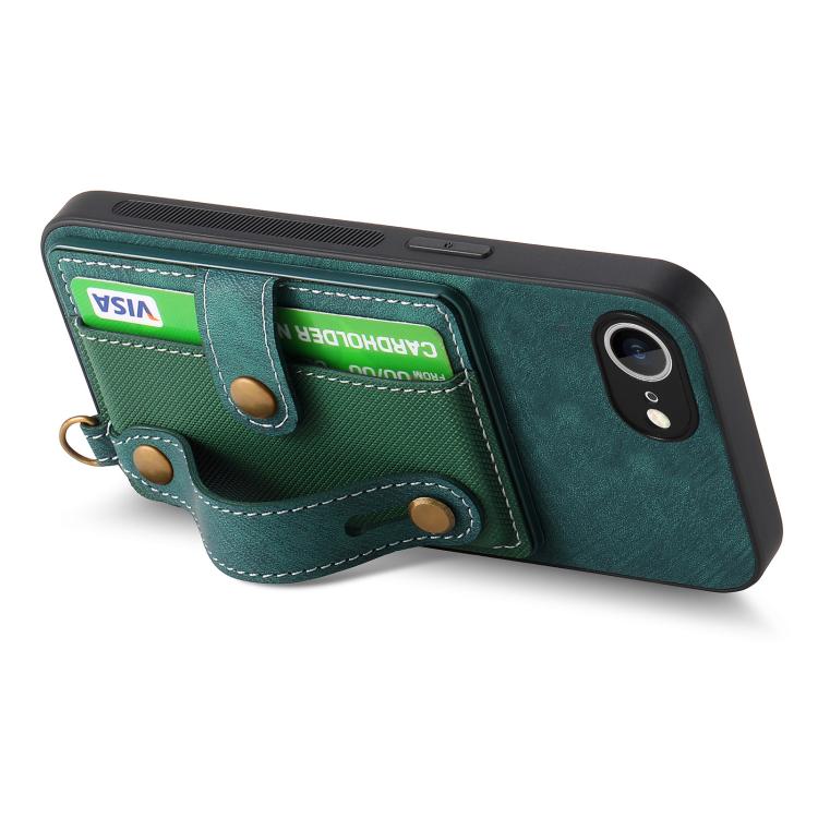 For iPhone 16e Retro Cross Wristband Wallet Leather Back Phone Case(Green) - iPhone 16e Cases by buy2fix | Online Shopping UK | buy2fix