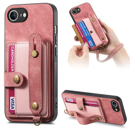 For iPhone 16e Retro Cross Wristband Wallet Leather Back Phone Case(Pink) - iPhone 16e Cases by buy2fix | Online Shopping UK | buy2fix