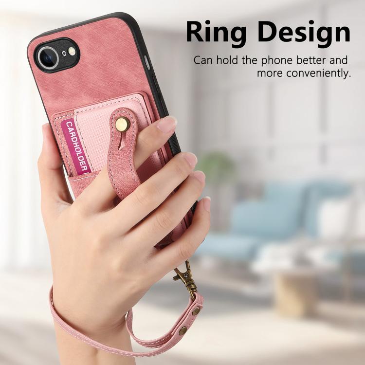 For iPhone 16e Retro Cross Wristband Wallet Leather Back Phone Case(Pink) - iPhone 16e Cases by buy2fix | Online Shopping UK | buy2fix