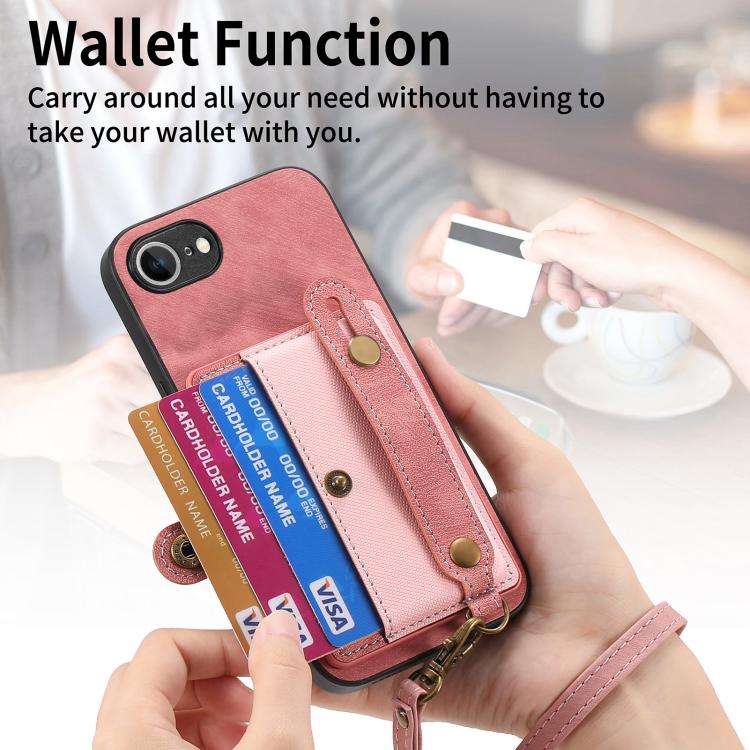 For iPhone 16e Retro Cross Wristband Wallet Leather Back Phone Case(Pink) - iPhone 16e Cases by buy2fix | Online Shopping UK | buy2fix