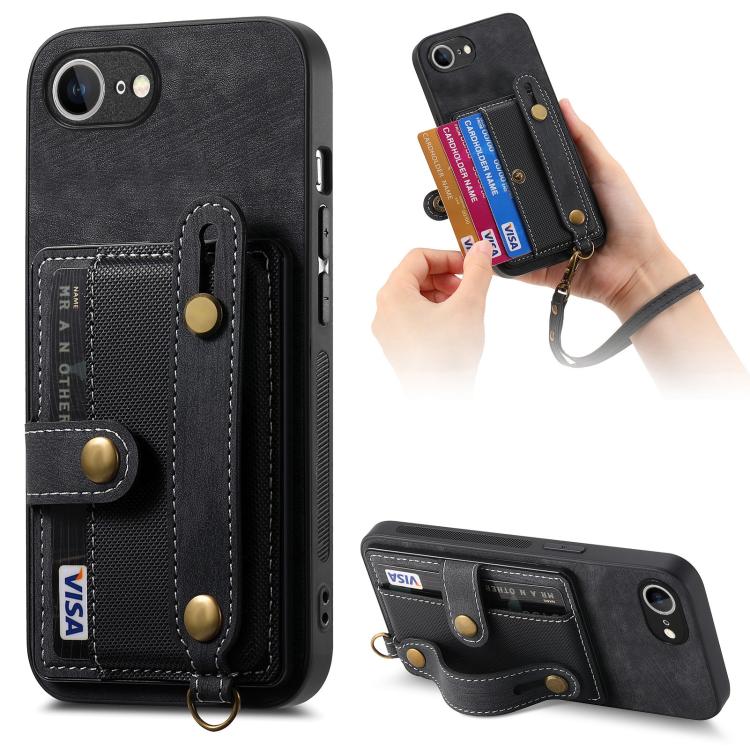 For iPhone 16e Retro Cross Wristband Wallet Leather Back Phone Case(Black) - iPhone 16e Cases by buy2fix | Online Shopping UK | buy2fix