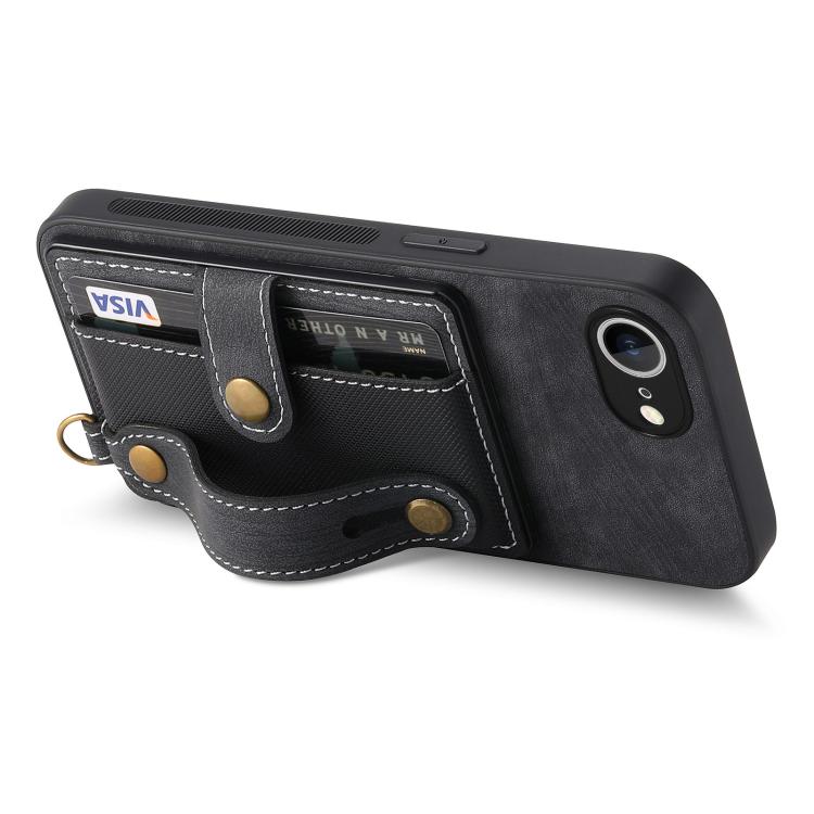 For iPhone 16e Retro Cross Wristband Wallet Leather Back Phone Case(Black) - iPhone 16e Cases by buy2fix | Online Shopping UK | buy2fix
