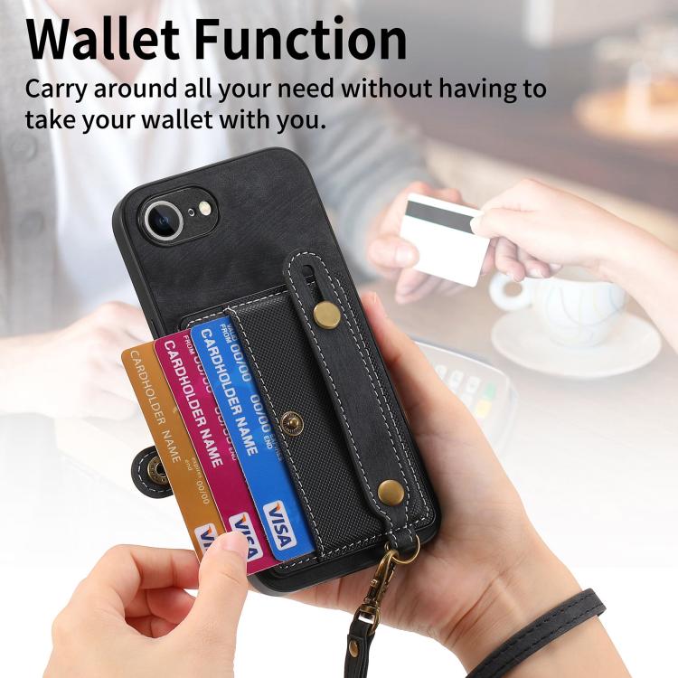 For iPhone 16e Retro Cross Wristband Wallet Leather Back Phone Case(Black) - iPhone 16e Cases by buy2fix | Online Shopping UK | buy2fix