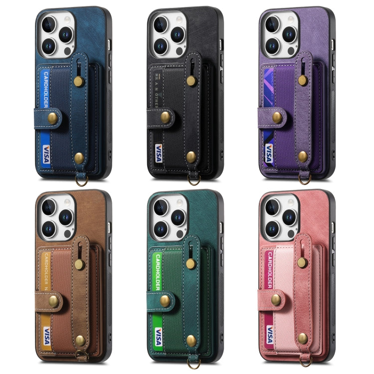 For iPhone 16e Retro Cross Wristband Wallet Leather Back Phone Case(Blue) - iPhone 16e Cases by buy2fix | Online Shopping UK | buy2fix