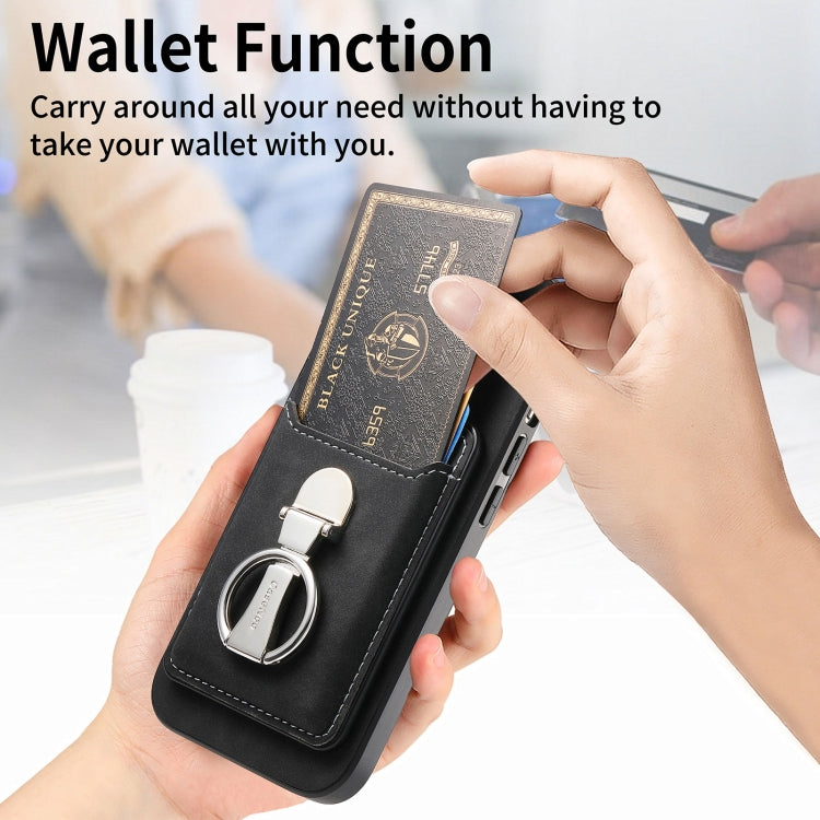 For iPhone 16 Retro Folding Ring Holder Card Bag MagSafe Phone Case(Black) - iPhone 16 Cases by buy2fix | Online Shopping UK | buy2fix