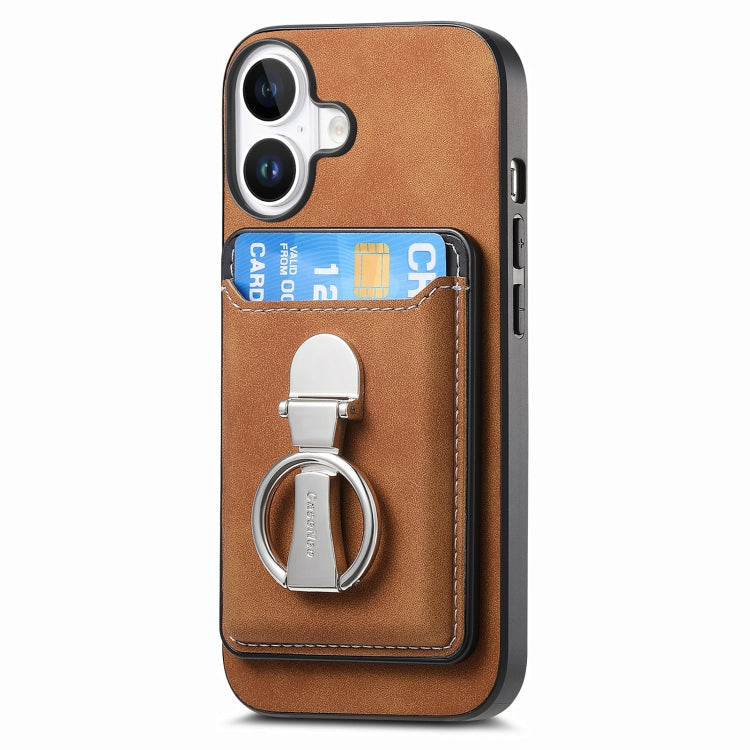For iPhone 16 Retro Folding Ring Holder Card Bag MagSafe Phone Case(Brown) - iPhone 16 Cases by buy2fix | Online Shopping UK | buy2fix