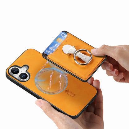 For iPhone 16 Retro Folding Ring Holder Card Bag MagSafe Phone Case(Yellow) - iPhone 16 Cases by buy2fix | Online Shopping UK | buy2fix