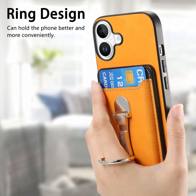 For iPhone 16 Retro Folding Ring Holder Card Bag MagSafe Phone Case(Yellow) - iPhone 16 Cases by buy2fix | Online Shopping UK | buy2fix
