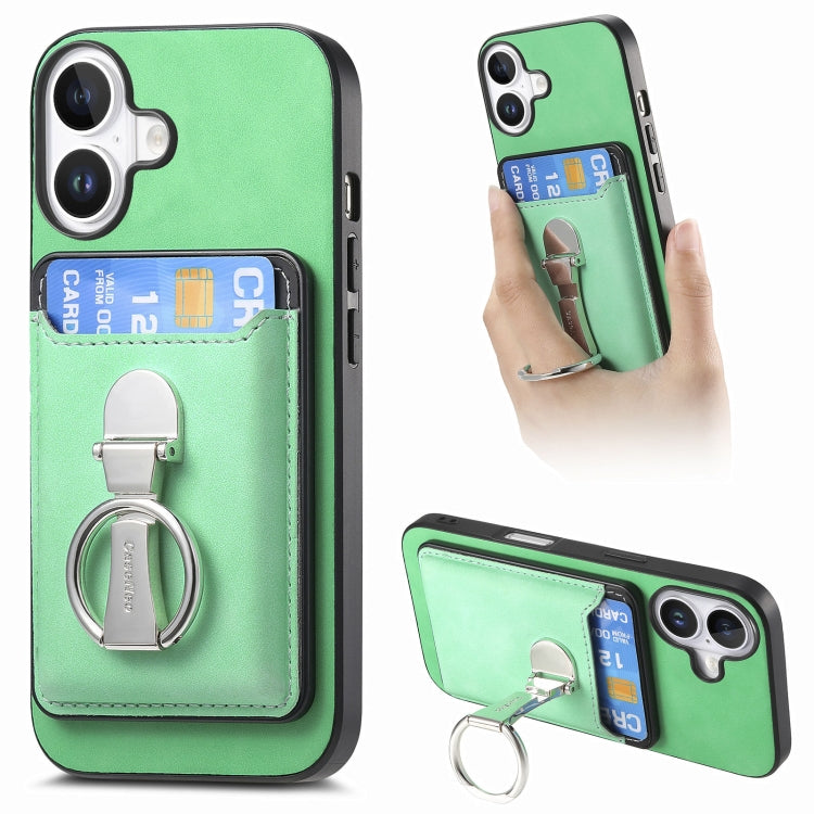 For iPhone 16 Retro Folding Ring Holder Card Bag MagSafe Phone Case(Green) - iPhone 16 Cases by buy2fix | Online Shopping UK | buy2fix