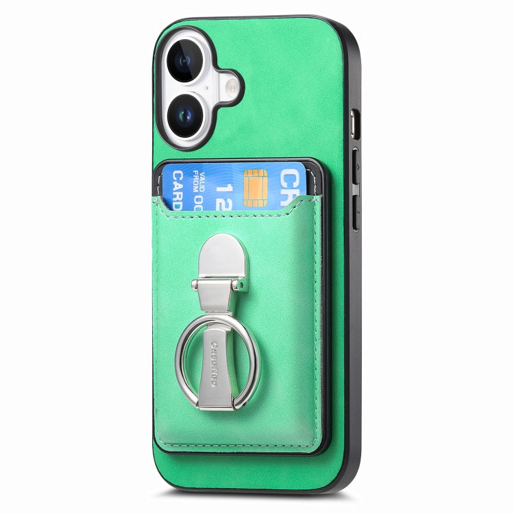 For iPhone 16 Retro Folding Ring Holder Card Bag MagSafe Phone Case(Green) - iPhone 16 Cases by buy2fix | Online Shopping UK | buy2fix