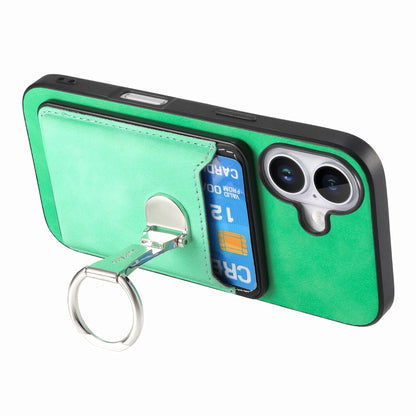 For iPhone 16 Retro Folding Ring Holder Card Bag MagSafe Phone Case(Green) - iPhone 16 Cases by buy2fix | Online Shopping UK | buy2fix