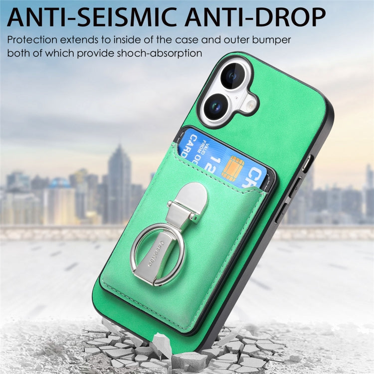 For iPhone 16 Retro Folding Ring Holder Card Bag MagSafe Phone Case(Green) - iPhone 16 Cases by buy2fix | Online Shopping UK | buy2fix