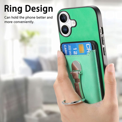 For iPhone 16 Retro Folding Ring Holder Card Bag MagSafe Phone Case(Green) - iPhone 16 Cases by buy2fix | Online Shopping UK | buy2fix