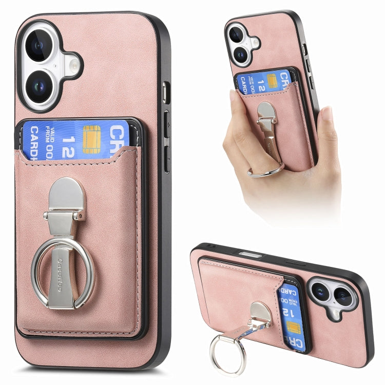 For iPhone 16 Retro Folding Ring Holder Card Bag MagSafe Phone Case(Pink) - iPhone 16 Cases by buy2fix | Online Shopping UK | buy2fix
