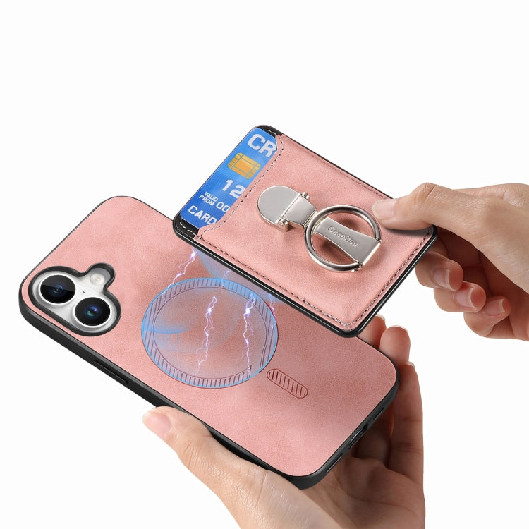 For iPhone 16 Retro Folding Ring Holder Card Bag MagSafe Phone Case(Pink) - iPhone 16 Cases by buy2fix | Online Shopping UK | buy2fix