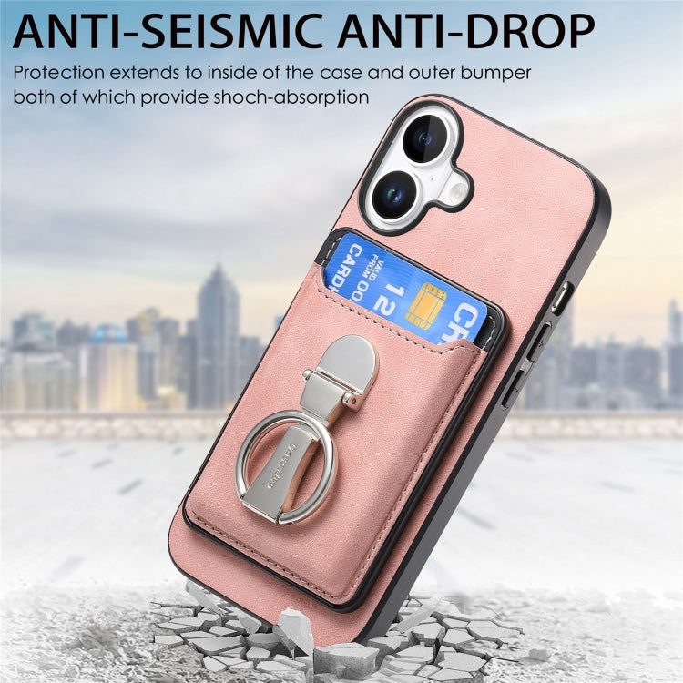 For iPhone 16 Retro Folding Ring Holder Card Bag MagSafe Phone Case(Pink) - iPhone 16 Cases by buy2fix | Online Shopping UK | buy2fix