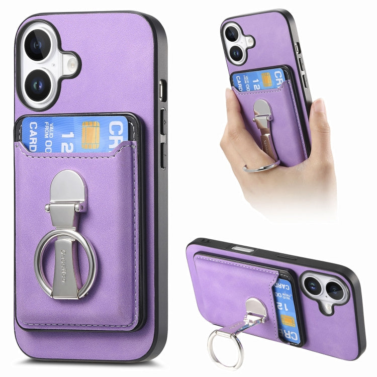For iPhone 16 Plus Retro Folding Ring Holder Card Bag MagSafe Phone Case(Purple) - iPhone 16 Plus Cases by buy2fix | Online Shopping UK | buy2fix