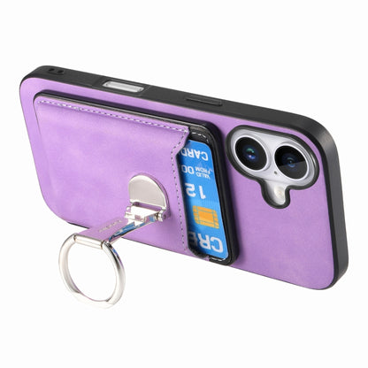 For iPhone 16 Plus Retro Folding Ring Holder Card Bag MagSafe Phone Case(Purple) - iPhone 16 Plus Cases by buy2fix | Online Shopping UK | buy2fix