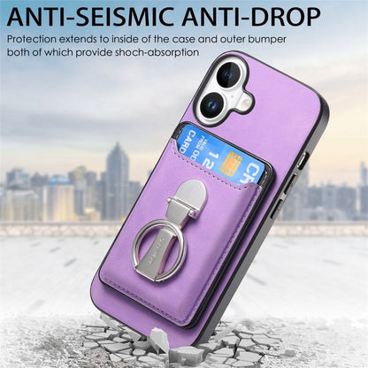 For iPhone 16 Plus Retro Folding Ring Holder Card Bag MagSafe Phone Case(Purple) - iPhone 16 Plus Cases by buy2fix | Online Shopping UK | buy2fix