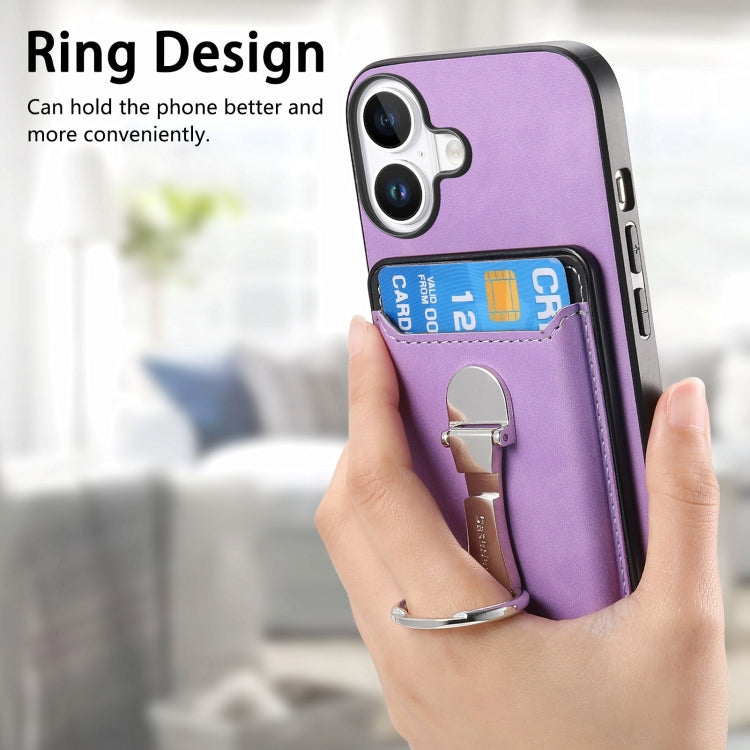 For iPhone 16 Plus Retro Folding Ring Holder Card Bag MagSafe Phone Case(Purple) - iPhone 16 Plus Cases by buy2fix | Online Shopping UK | buy2fix