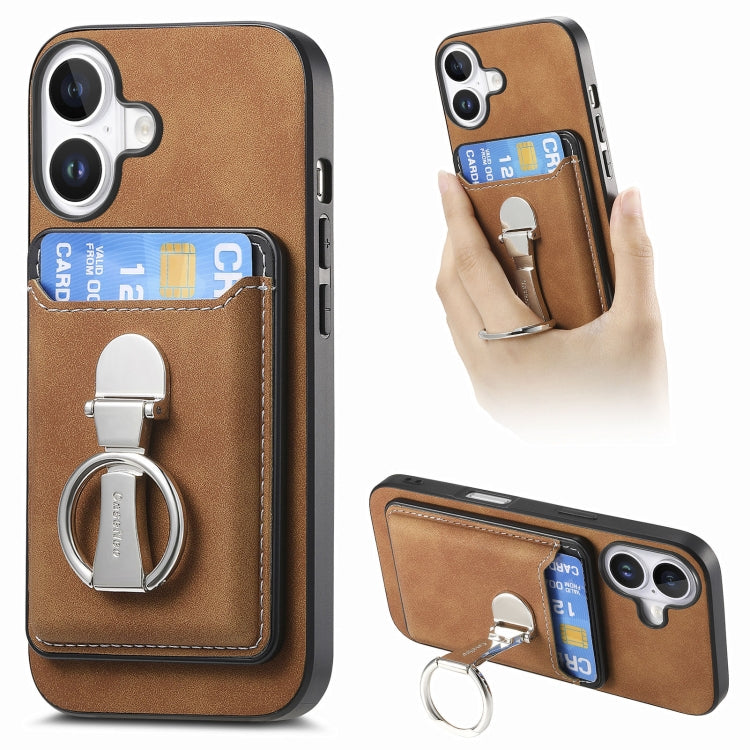 For iPhone 16 Plus Retro Folding Ring Holder Card Bag MagSafe Phone Case(Brown) - iPhone 16 Plus Cases by buy2fix | Online Shopping UK | buy2fix