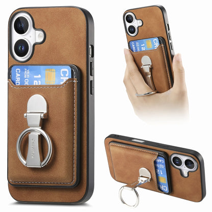 For iPhone 16 Plus Retro Folding Ring Holder Card Bag MagSafe Phone Case(Brown) - iPhone 16 Plus Cases by buy2fix | Online Shopping UK | buy2fix