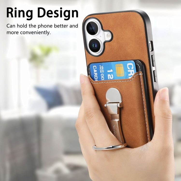 For iPhone 16 Plus Retro Folding Ring Holder Card Bag MagSafe Phone Case(Brown) - iPhone 16 Plus Cases by buy2fix | Online Shopping UK | buy2fix