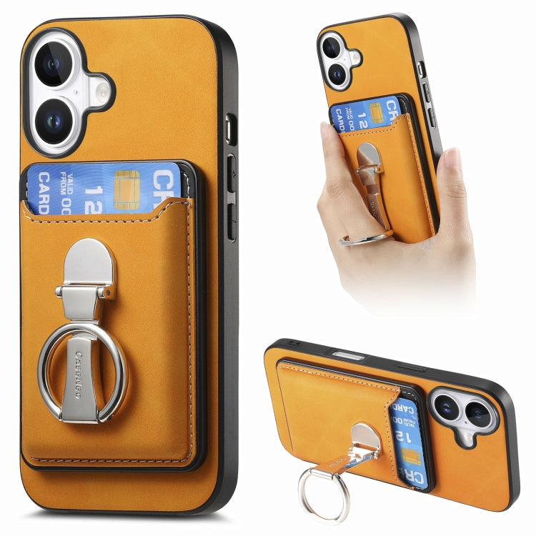For iPhone 16 Plus Retro Folding Ring Holder Card Bag MagSafe Phone Case(Yellow) - iPhone 16 Plus Cases by buy2fix | Online Shopping UK | buy2fix