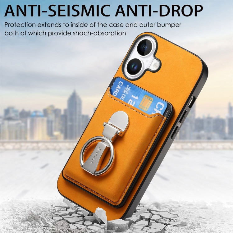 For iPhone 16 Plus Retro Folding Ring Holder Card Bag MagSafe Phone Case(Yellow) - iPhone 16 Plus Cases by buy2fix | Online Shopping UK | buy2fix