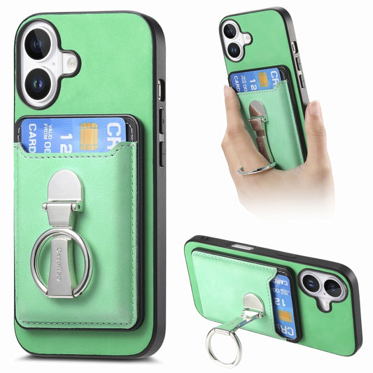 For iPhone 16 Plus Retro Folding Ring Holder Card Bag MagSafe Phone Case(Green) - iPhone 16 Plus Cases by buy2fix | Online Shopping UK | buy2fix