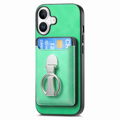 For iPhone 16 Plus Retro Folding Ring Holder Card Bag MagSafe Phone Case(Green) - iPhone 16 Plus Cases by buy2fix | Online Shopping UK | buy2fix