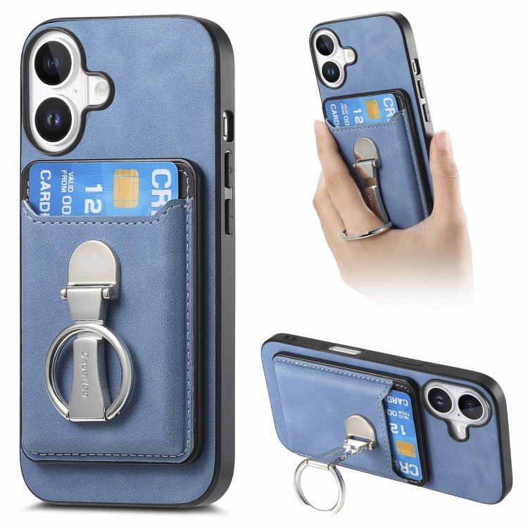 For iPhone 16 Plus Retro Folding Ring Holder Card Bag MagSafe Phone Case(Blue) - iPhone 16 Plus Cases by buy2fix | Online Shopping UK | buy2fix