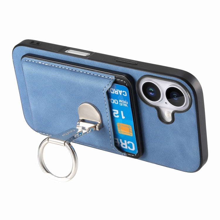 For iPhone 16 Plus Retro Folding Ring Holder Card Bag MagSafe Phone Case(Blue) - iPhone 16 Plus Cases by buy2fix | Online Shopping UK | buy2fix