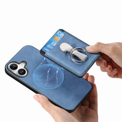 For iPhone 16 Plus Retro Folding Ring Holder Card Bag MagSafe Phone Case(Blue) - iPhone 16 Plus Cases by buy2fix | Online Shopping UK | buy2fix