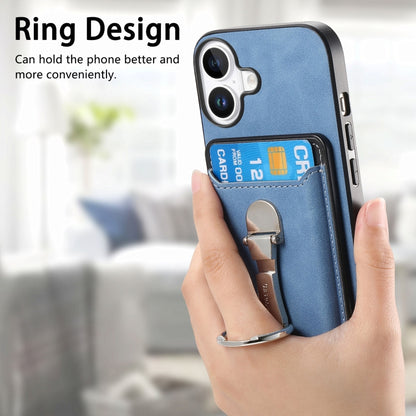 For iPhone 16 Plus Retro Folding Ring Holder Card Bag MagSafe Phone Case(Blue) - iPhone 16 Plus Cases by buy2fix | Online Shopping UK | buy2fix
