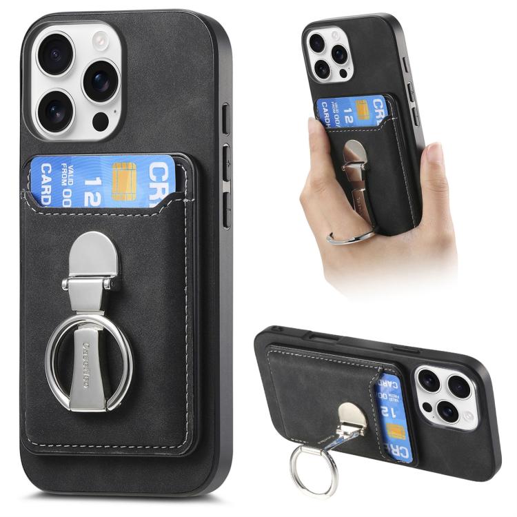 For iPhone 16 Pro Retro Folding Ring Holder Card Bag MagSafe Phone Case(Black) - iPhone 16 Pro Cases by buy2fix | Online Shopping UK | buy2fix