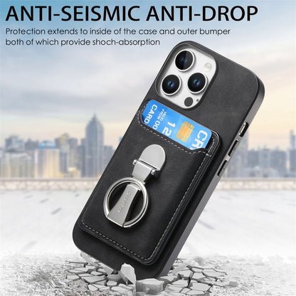 For iPhone 16 Pro Retro Folding Ring Holder Card Bag MagSafe Phone Case(Black) - iPhone 16 Pro Cases by buy2fix | Online Shopping UK | buy2fix