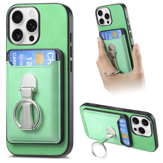 For iPhone 16 Pro Retro Folding Ring Holder Card Bag MagSafe Phone Case(Green) - iPhone 16 Pro Cases by buy2fix | Online Shopping UK | buy2fix