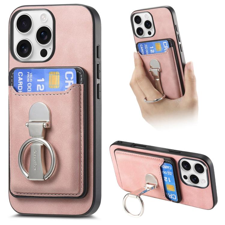 For iPhone 16 Pro Retro Folding Ring Holder Card Bag MagSafe Phone Case(Pink) - iPhone 16 Pro Cases by buy2fix | Online Shopping UK | buy2fix