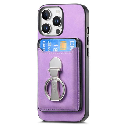 For iPhone 15 Retro Folding Ring Holder Card Bag MagSafe Phone Case(Purple) - iPhone 15 Cases by buy2fix | Online Shopping UK | buy2fix