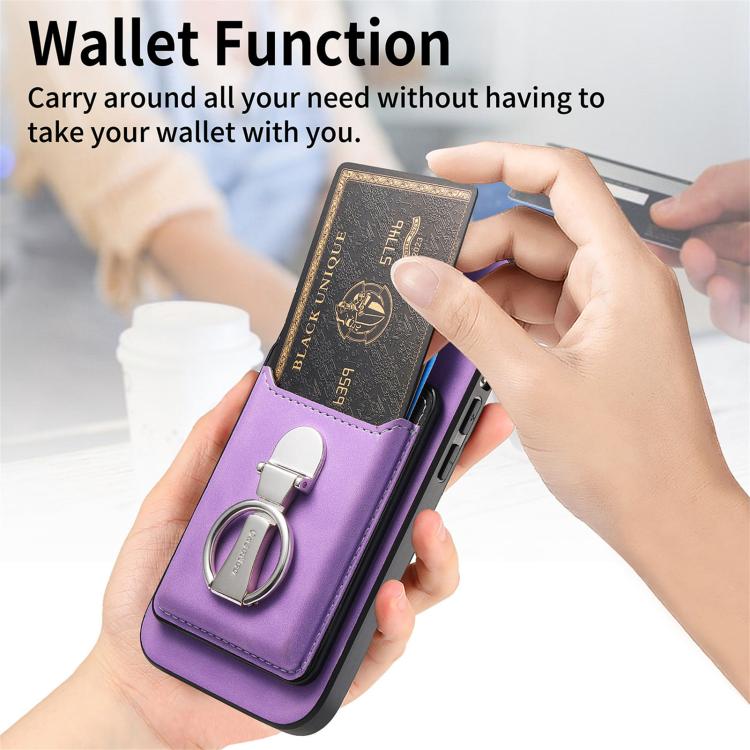 For iPhone 15 Retro Folding Ring Holder Card Bag MagSafe Phone Case(Purple) - iPhone 15 Cases by buy2fix | Online Shopping UK | buy2fix